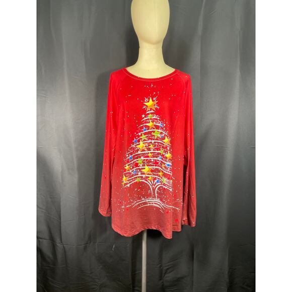 Just Fashions Now, Holiday Long T, Red with Christmas Tree adorned with stars - Picture 2 of 7